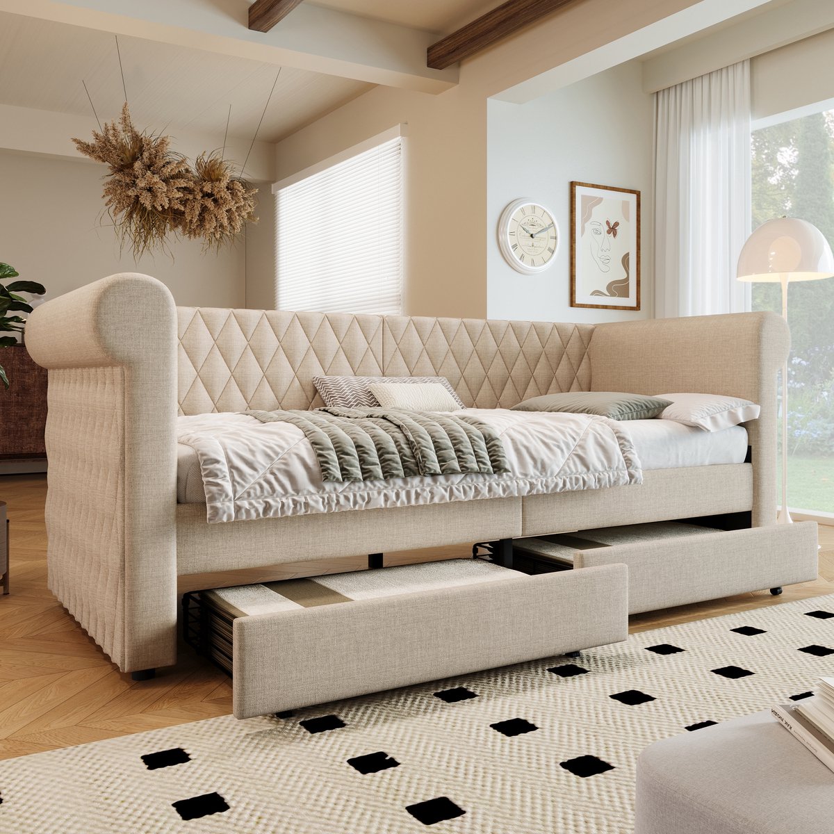 Gestoffeerd vintage dagbed - Slaapsofa, kinder- en logeerbed met 2 opberglades - 90x200 cm - 1 persoon - Beige linnen - Gebogen armleuningen en knopenhoofdeinde - Incl. lattenbodem