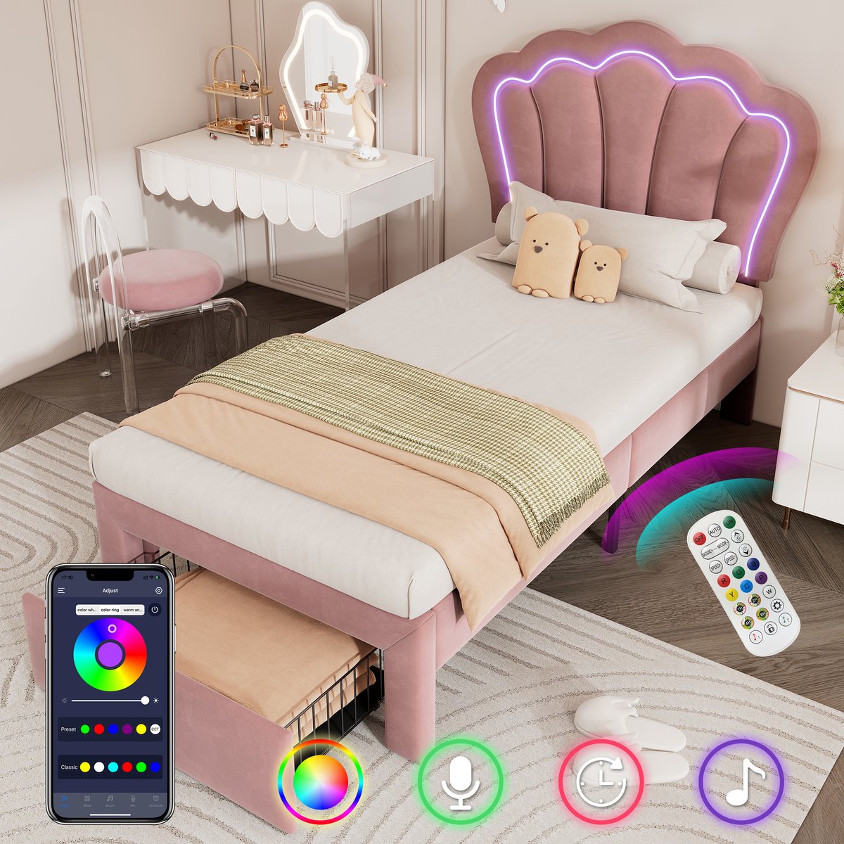 Kinderpolsterbed met LED en app-bediening - 90x200 cm eenpersoons - Roze fluweel - Verstelbaar hoofdeinde - Opberglade en lattenbodem inbegrepen - Met bloempatroon