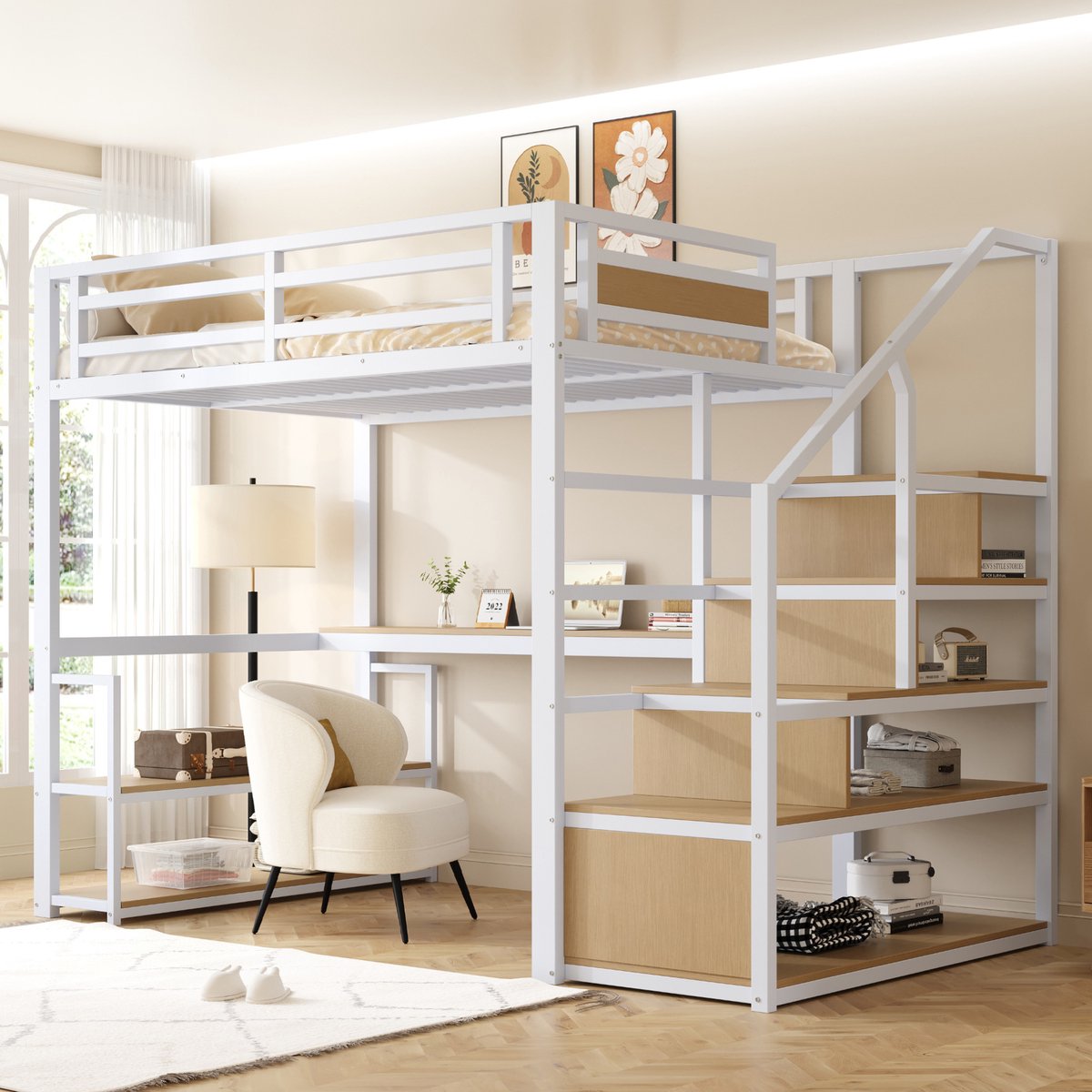 Metalen hoogslaper 140x200 cm - Met opbergtrap, geïntegreerde planken en bureau - Wit - Uniek veiligheidsrek met houten paneeldelen - Stabiel ijzeren frame voor kinderen en volwassenen