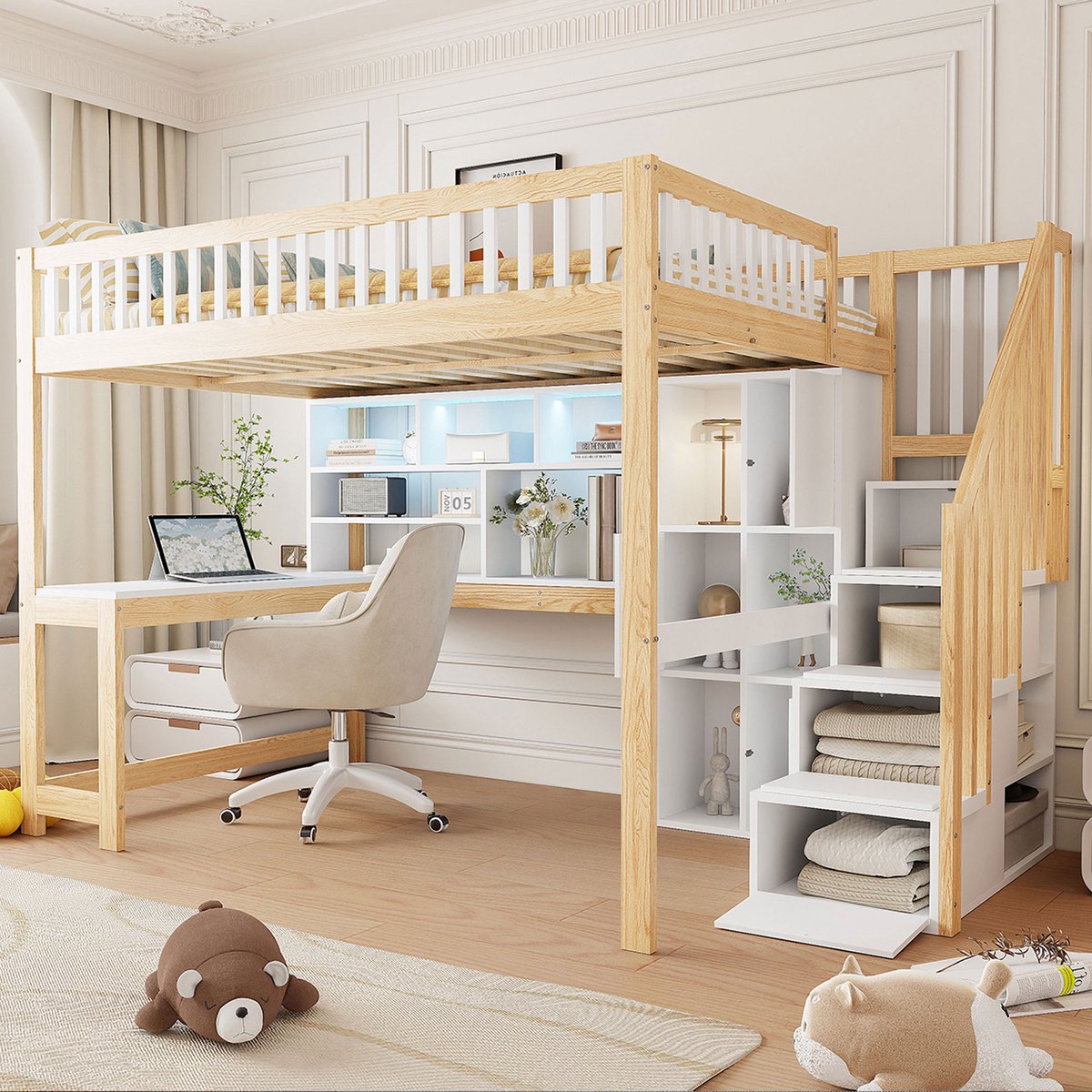 Hoogbed met bureau en opbergtrap - 140x200 cm tweepersoons - wit+natuur - met LED-sfeerverlichting, legplanken en opbergvakken - inclusief lattenbodem - stevig grenen en MDF - voor kinderkamer en tienerkamer