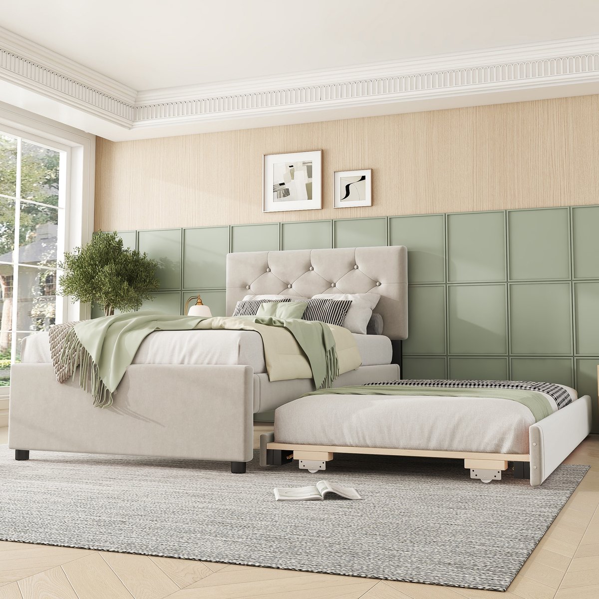 Gestoffeerd bed 90x200 cm met uitschuifbaar rolbed (90x190 cm) - Beige fluweel - Knopen hoofdeinde en minimalistisch design - Inclusief 20-delige lattenbodem