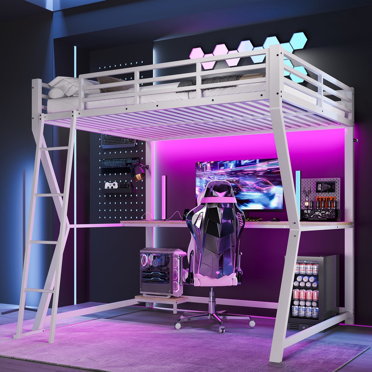Hoogslaper 140x200 cm - multifunctioneel met LED, bureau en USB/Type-C - eenpersoons - wit - computerconsoleplank en opbergvak - veilige trap en reling - ideaal voor gaming en studeren