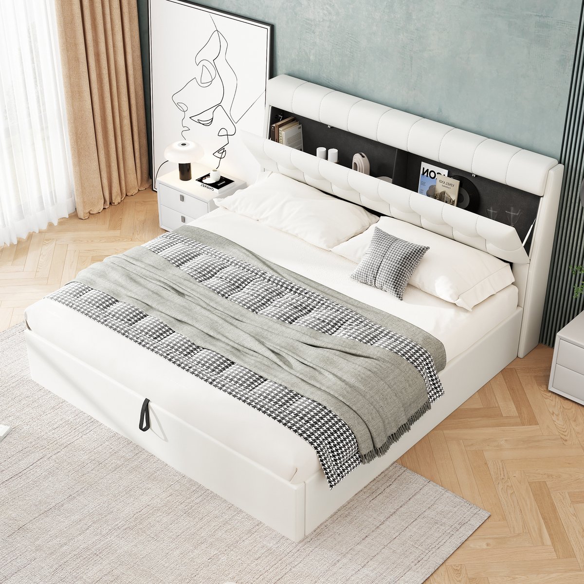 Gestoffeerd opbergbed 160x200 cm - Met hydraulisch liftsysteem en verborgen opbergvak in hoofdeinde - Wit - Elegant PU-kunstleer, inclusief lattenbodem - Geschikt voor compacte slaapkamers