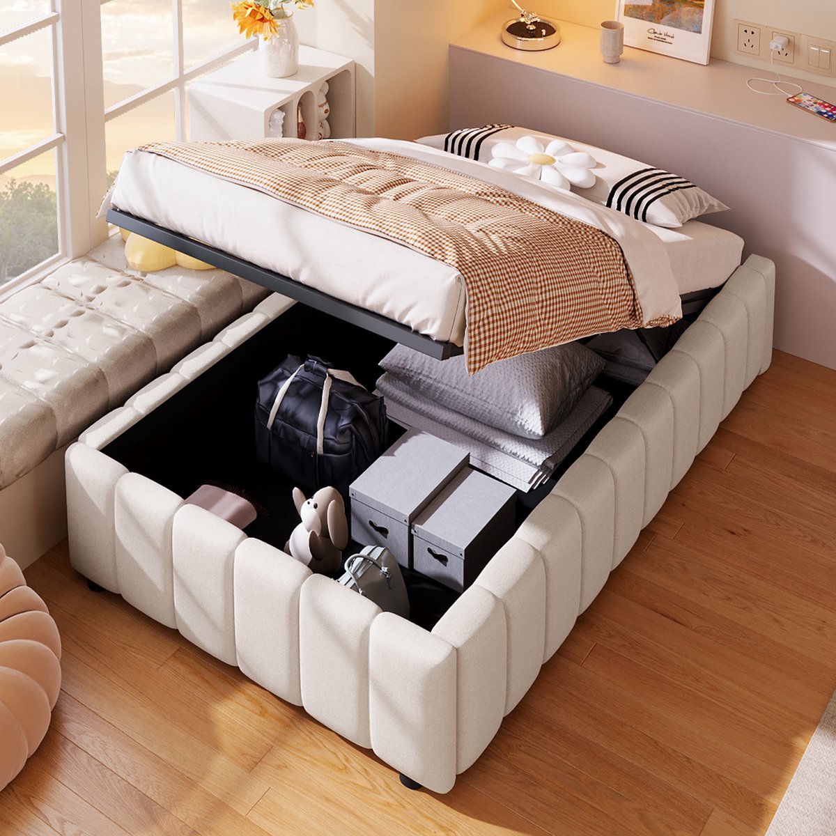 Gestoffeerd bed 90x200 cm - Hydraulische opbergruimte zonder hoofdeinde - Beige - Linnen bekleding en MDF-frame - Minimalistisch ontwerp voor elke slaapkamer