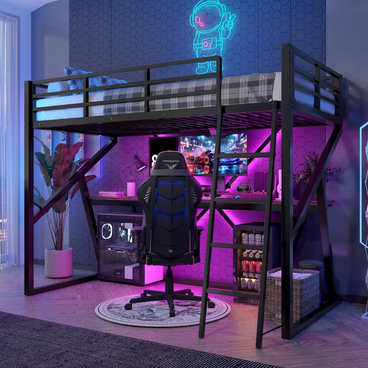Metalen hoogslaper 90x200 cm - Met geïntegreerd bureau, LED-strip en veiligheidsreling - Zwart - Stevig stalen frame, inclusief trap - Geschikt voor tienerkamer en studentenkamer