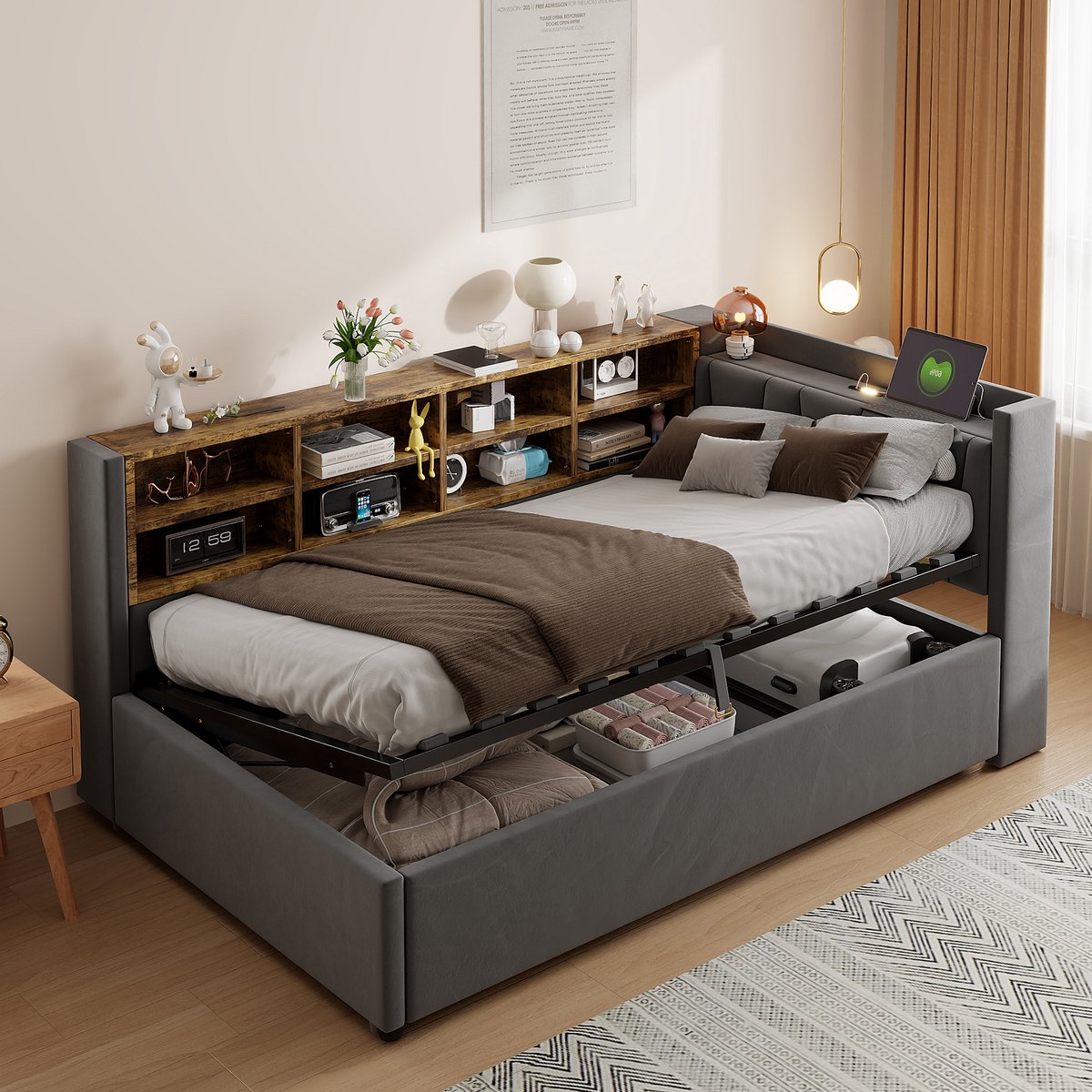 Gestoffeerde slaapbank 90x200 cm - Hydraulische opbergruimte met USB-C en nachtlampje - Donkergrijs fluweel - Klassiek gestreept hoofdeinde - Open zijvakken en legplanken
