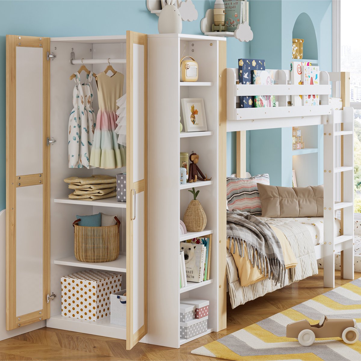 Kinder stapelbed met kledingkast en open legplanken - 2x 90x200 cm - Wit + naturel hout - Zijwaartse opbergkast met 6 open vakken - 4-traps ladder met valbeveiliging - EN747 gecertificeerd