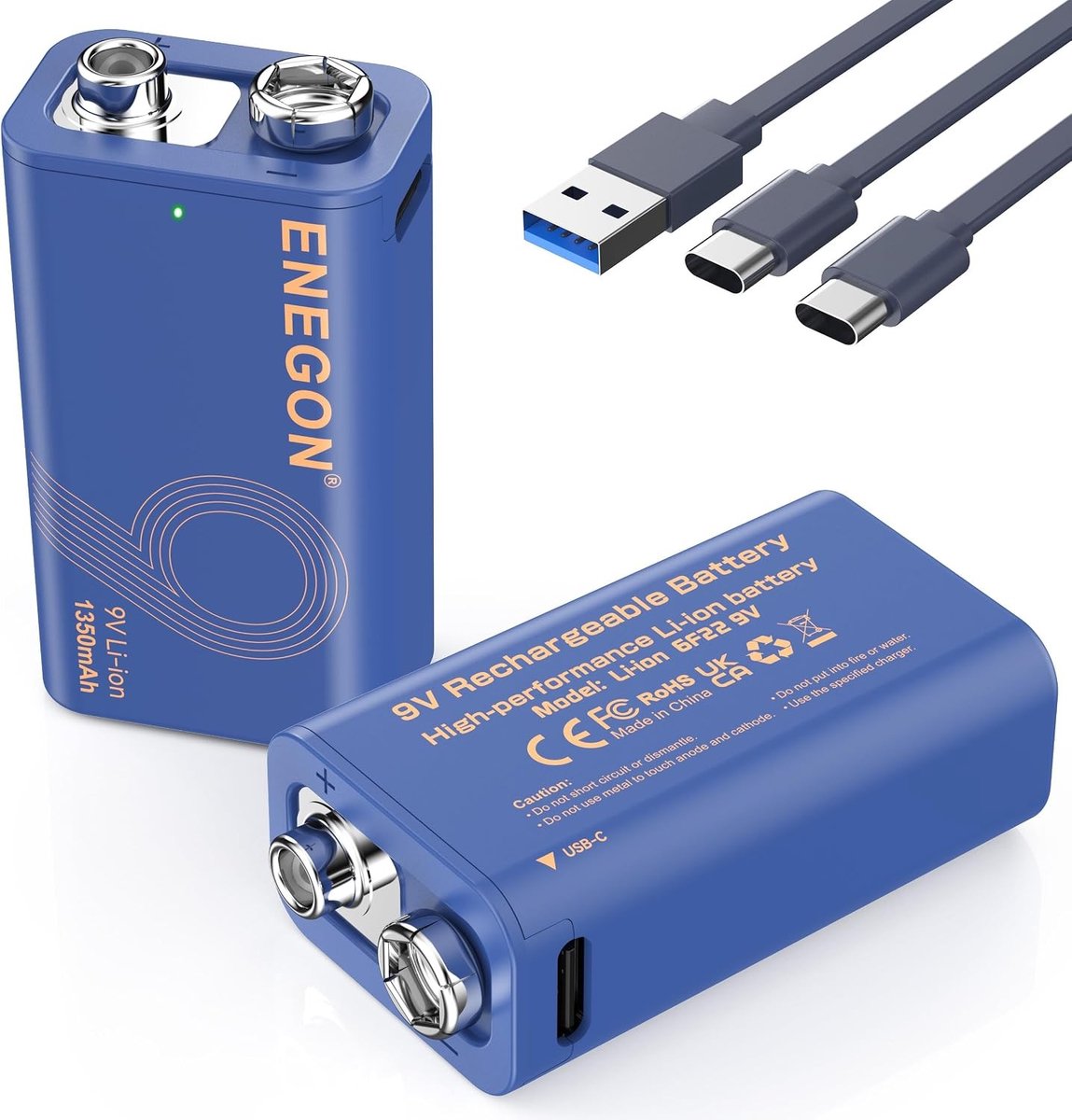 Oplaadbare 9V batterijen 2 stuks (1350 mAh) met type-C oplader voor langdurig gebruik