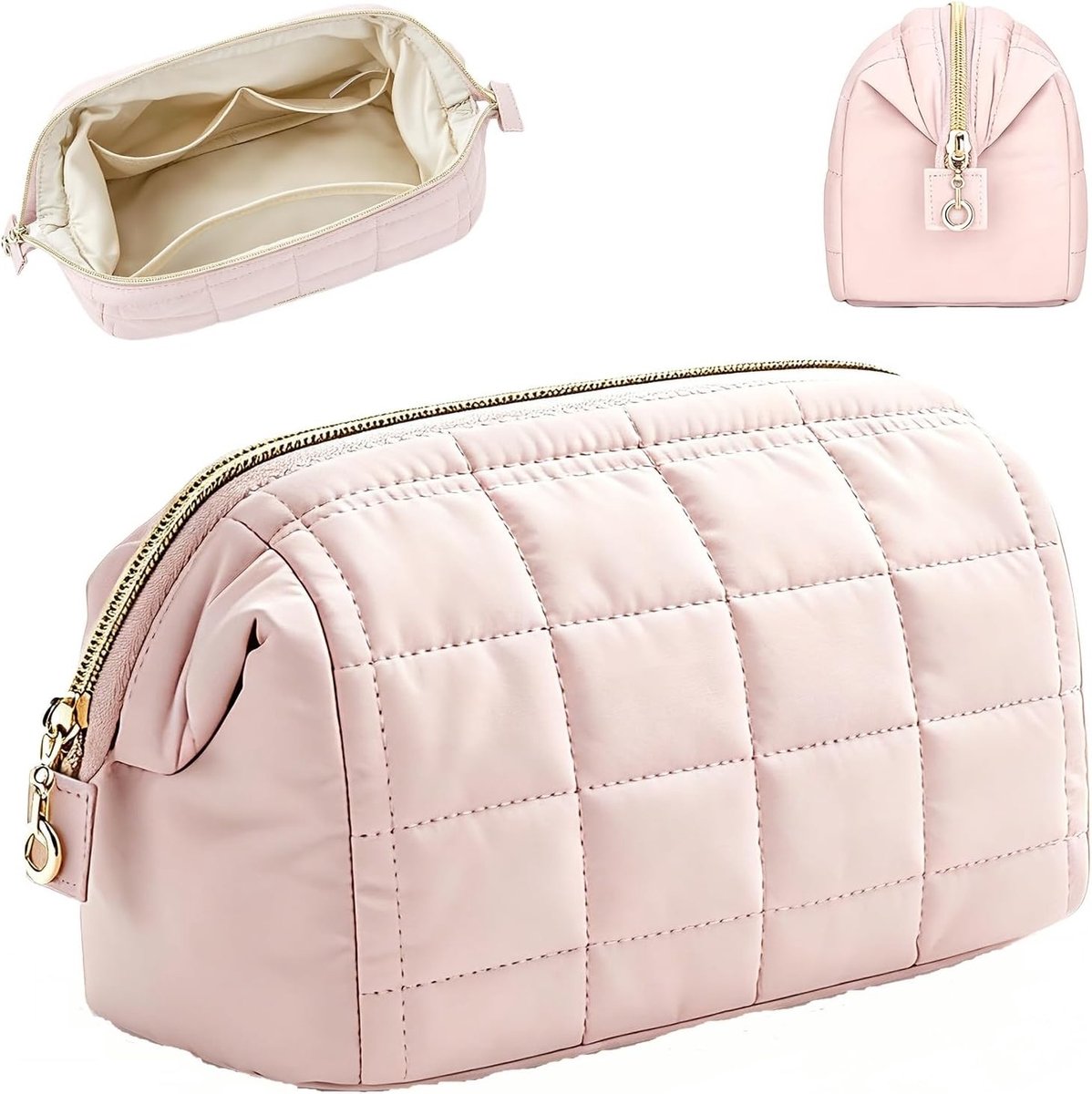 Draagbare roze make-up tas met vakken en metalen ritssluiting voor reizen, cosmetica en schoolbenodigdheden, kleurrijk en modern ontwerp