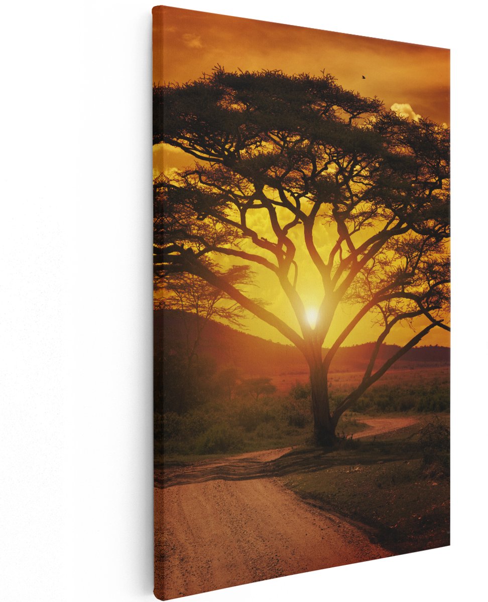 Artaza Canvas Schilderij Zonsondergang Achter Een Savanne Boom - 100x150 cm - Groot - Wanddecoratie Woonkamer - Schilderijen - Muurdecoratie