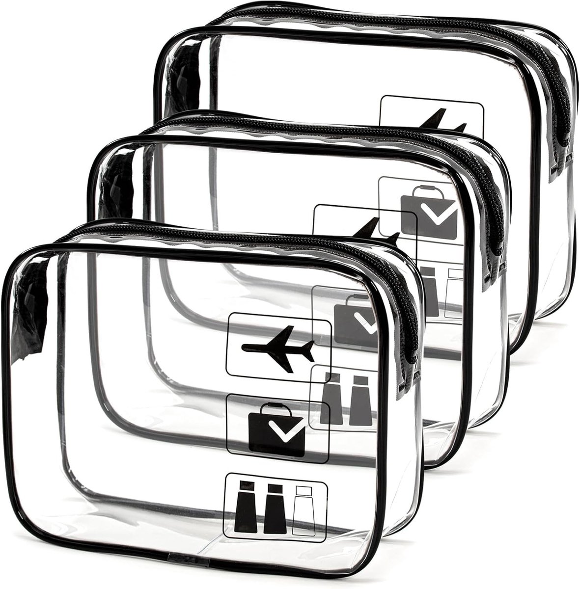 Transparante Toilettas Set van 3, Cosmetica Tas, Handbagage Organizer voor Vloeistoffen, Reisaccessoires voor Mannen en Vrouwen, Zwart, 1 Liter