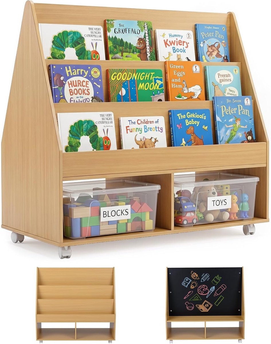 Montessori-kinderboekenkast met mobiel en krijtbord