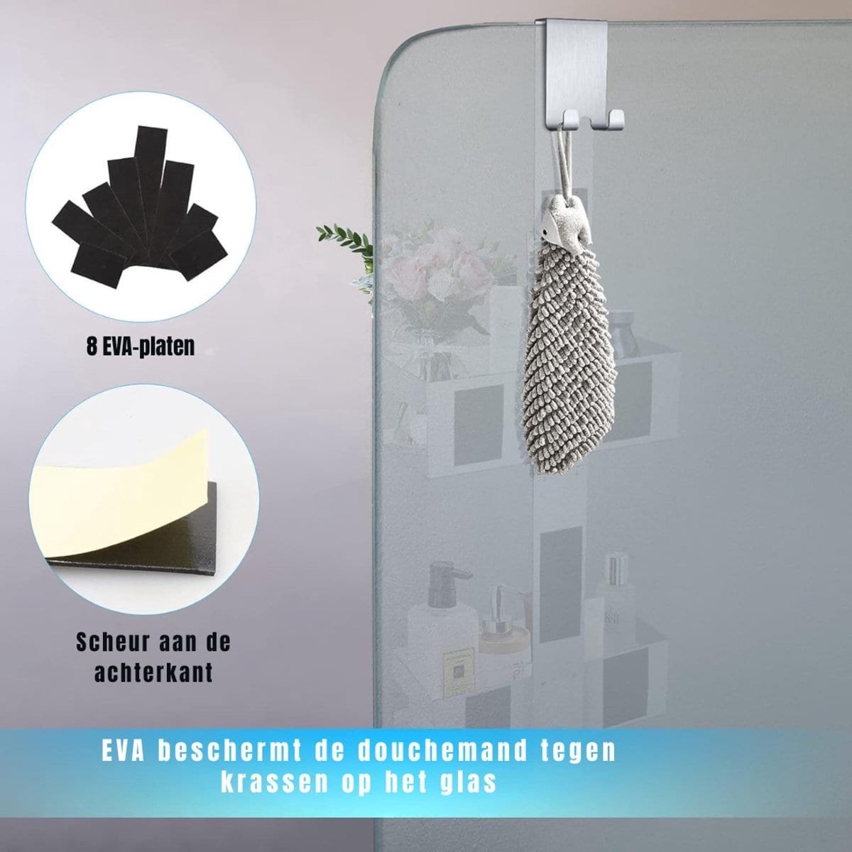Klarven® Doucherek Zilver - Zonder Boren, Hangend aan Douchewand - Geschikt voor Glas tot 12 mm - Roestvrij Staal SUS304 - B 23 x D 10 x H 66 cm