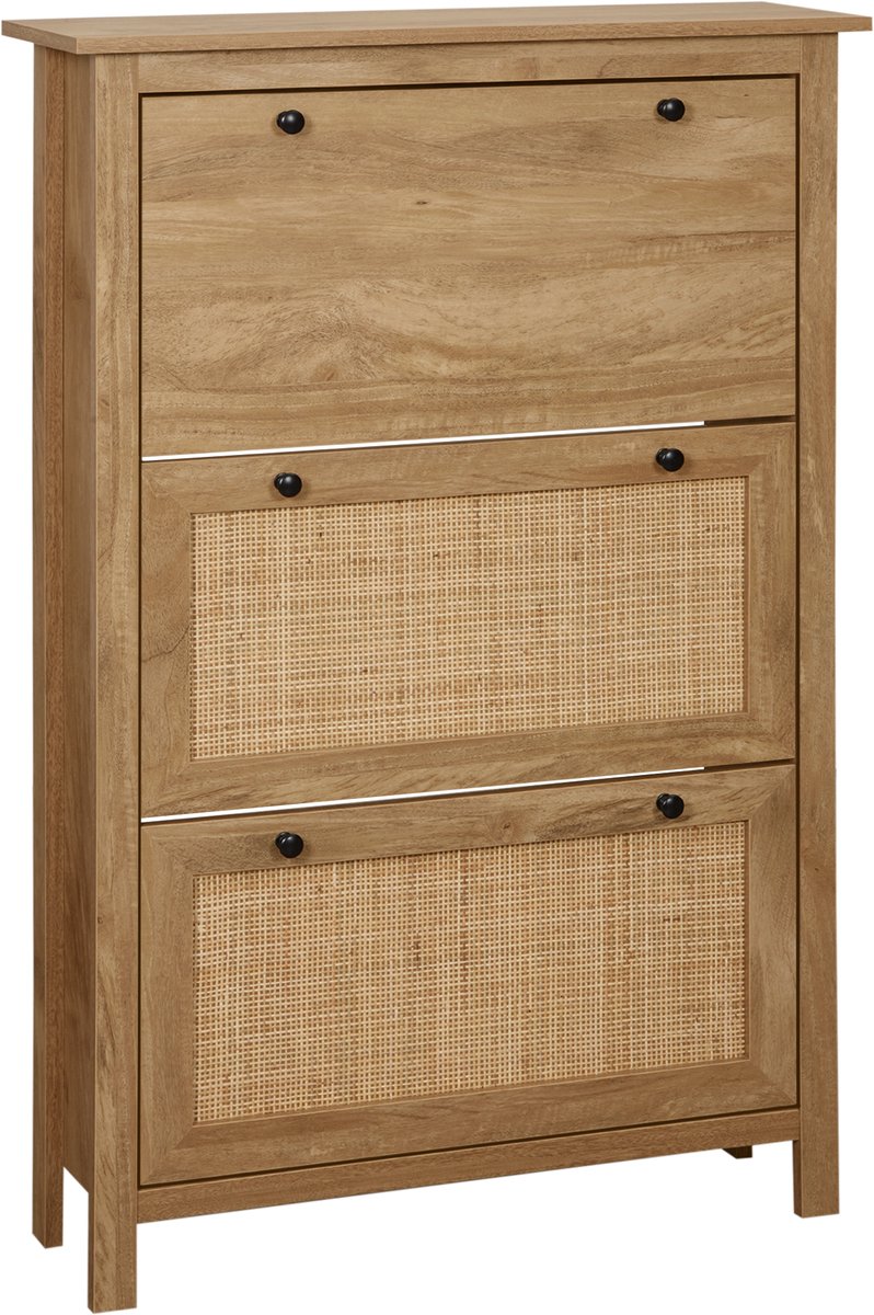 Schoenenkast met 3 deuren, schoenenrek, houten schoenenkast met klapdeur in vlechtwerkstijl voor de hal, gang of woonkamer, smalle schoenenkast, perfect voor smalle gangen