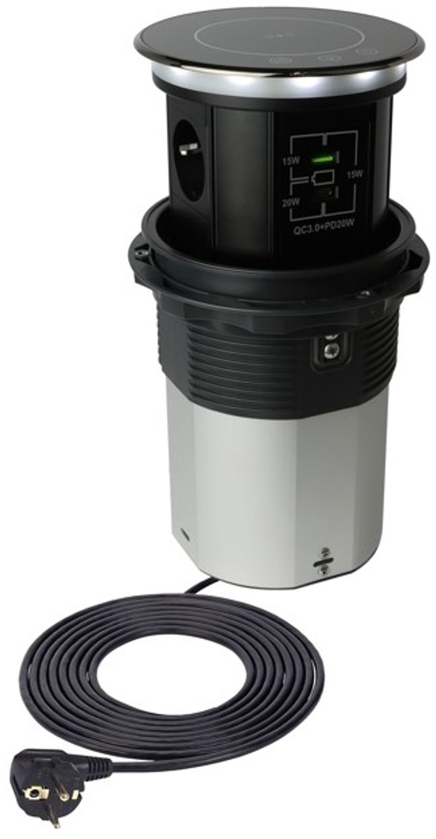 Design Light Lumibox - Luxe automatische stekkerdoos met Qi-lader - Pop-up verdeeldoos met 3 stopcontacten - Stekkerblok met USB A & C - geïntegreerde LED-verlichting