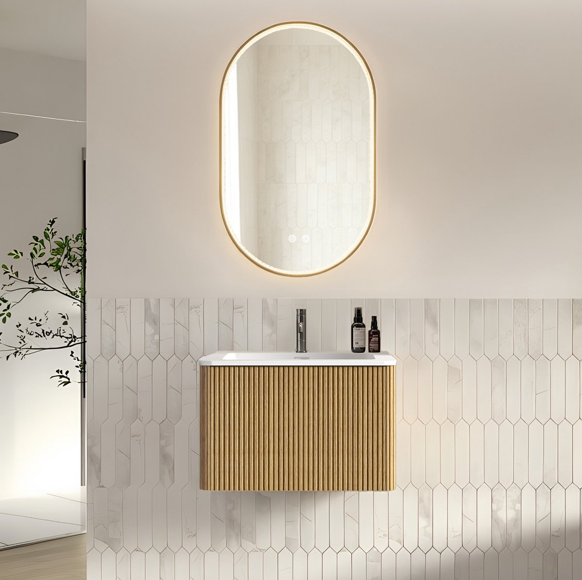 STILVORA Badkamerkast - Wandgemonteerd Badkamermeubel Met Spiegel En LED - Ruimtebesparend Voor Badkamer - Houtlook - 60 Cm - Eikenkleur