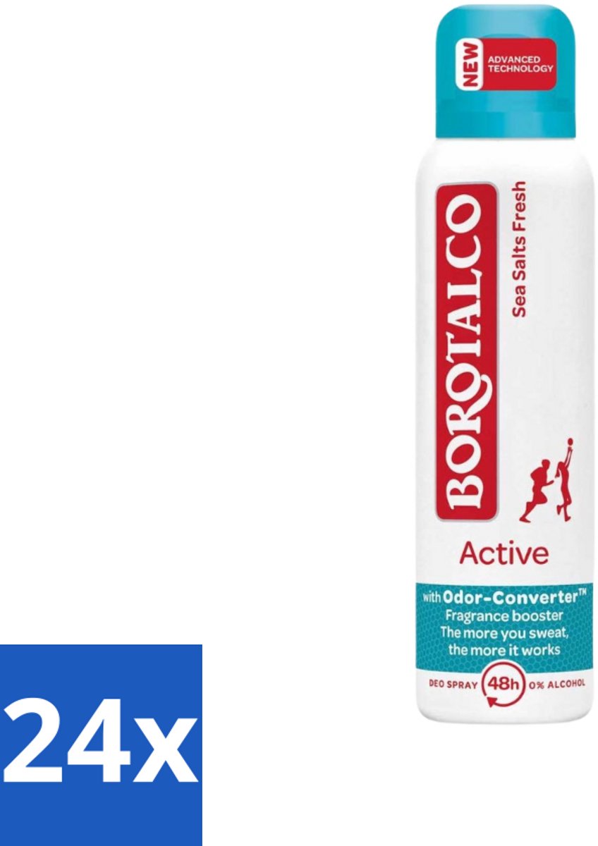 Borotalco - Deodorant Spray - Active - Sea Salts Fresh - 0% Alcohol - 150 ml - Voordeelverpakking - 24 stuks