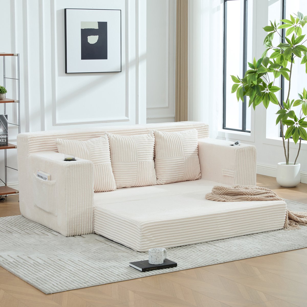 FloraGrace Slaapbank 3-zits 172 cm – Met Bekerhouders, Zijvakken En Slaapfunctie – Modulair Comfort Voor Woonkamer Of Studio – Stof – Beige