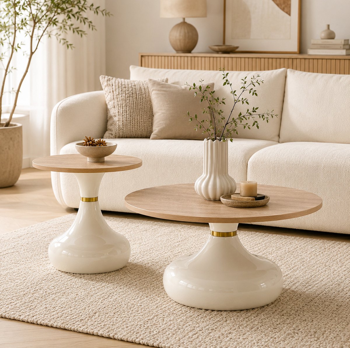 Salontafel - 2-Delige Ronde Tafelset Met Houtlook En Goud Accent - Voor Woonkamer En Slaapkamer - MDF En Metaal - Wit - 70/50 Cm