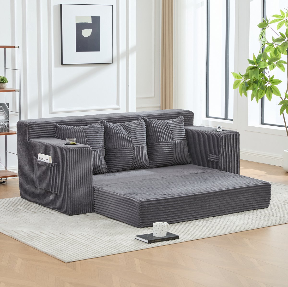 FloraGrace Slaapbank 3-Zits 172 Cm - Modulair Met Bekerhouders En Opbergvakken - Voor Woonkamer En Studio - Corduroy - Grijs