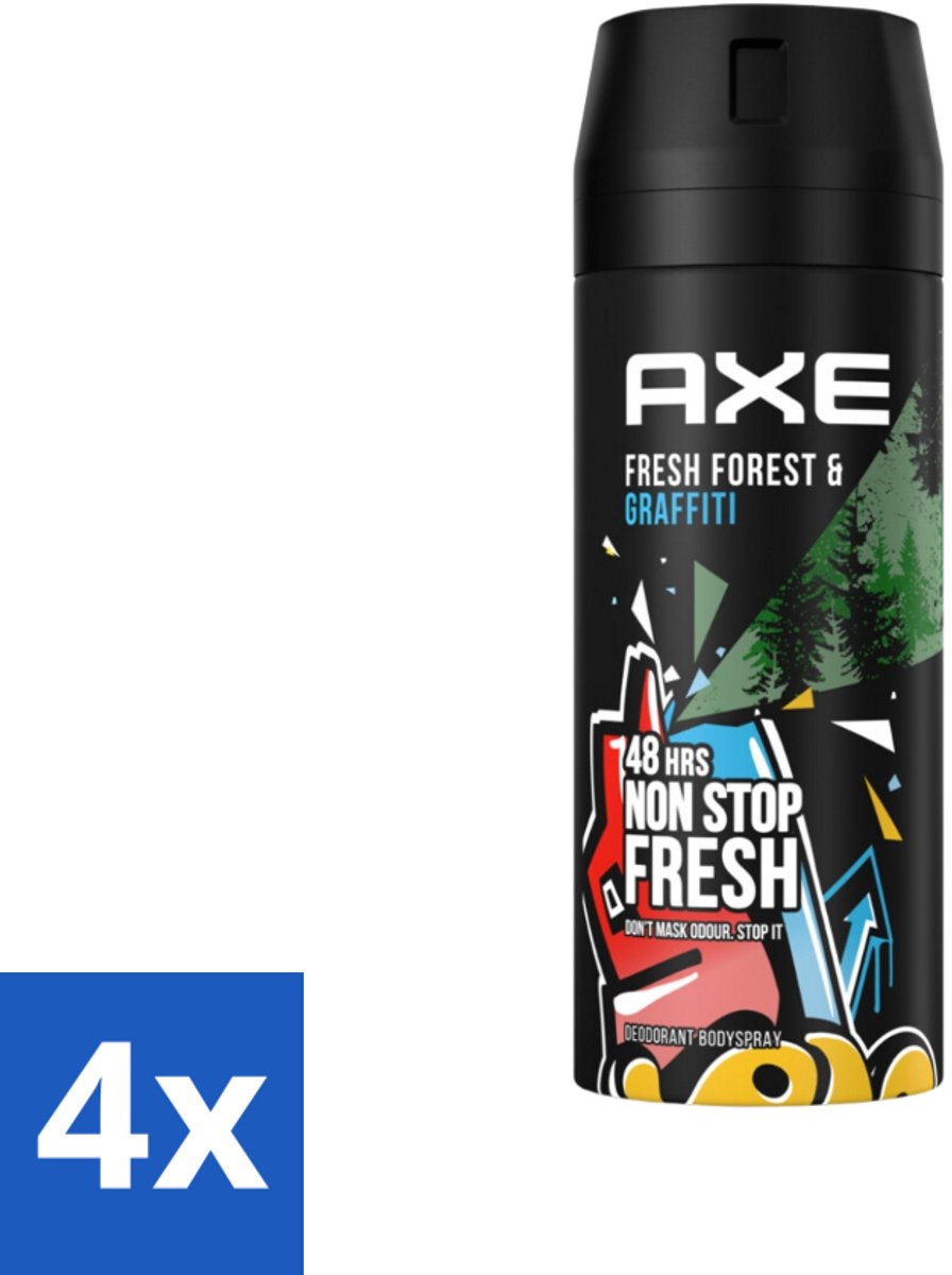 4 x Axe - Deodorant Bodyspray - 48hrs Fresh - Fresh Forest & Graffiti - 150 ml - Deodorant - Axe - 48 Uur Bescherming - Frisheid - Citrusgeur