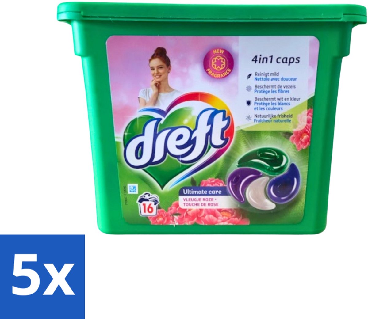 Dreft - Wasmiddelcapsules 4in1 - Witte en Gekleurde Was - Vleugje Roze - 16 Wasbeurten - Bulkverpakking - 5 stuks