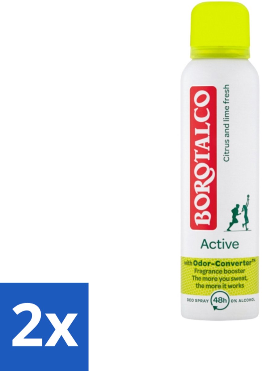 2 x Borotalco - Deodorant Spray - Active - Citrus & Lime Fresh - 0% Alcohol - 150 ml - Deodorant - Antitranspirant - Citrusgeur - Limoen - Alcoholvrij
