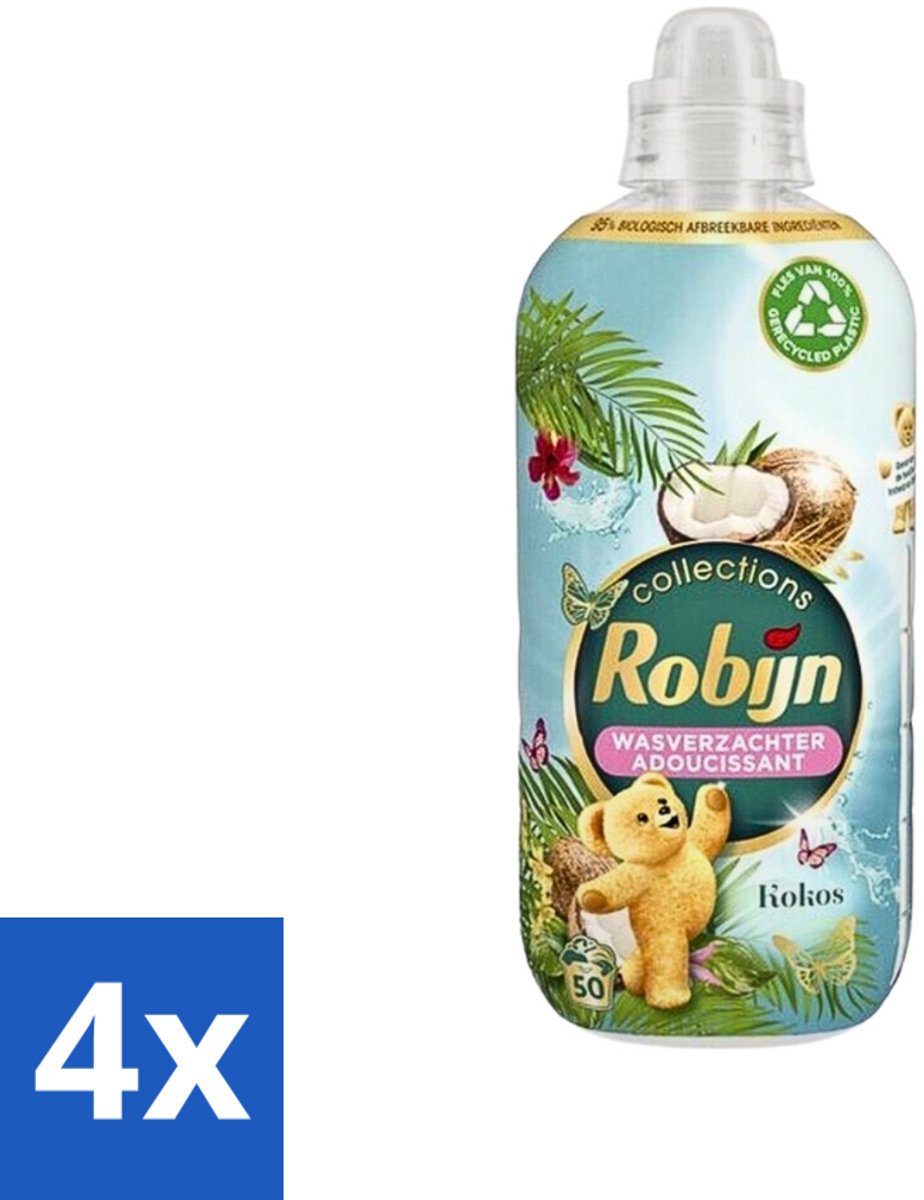 4 x Robijn Collections - Wasverzachter - Kokos - 1,25L - 50 Wasbeurten - Wasverzachter - Kokosgeur - Zachte Was - Frisse Was - Wasverzachter 1.25L