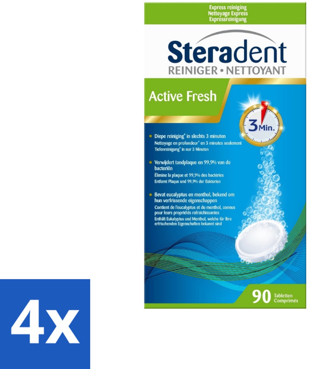 Steradent - Kunstgebitreiniger - Active Fresh - Menthol En Eucalyptus - 90 Tabletten - Voordeelverpakking - 4 stuks
