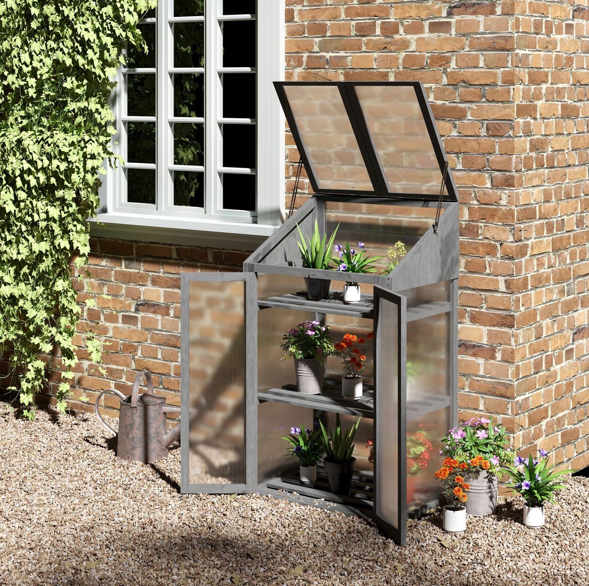 REDOM - Kweekkas - Vurenhouten frame - 3 lattenplanken - Opklapbaar dak en dubbele deur - Voor tuin en balkon - Hout en kunststof - Grijs - 70 x 50 x 120 cm