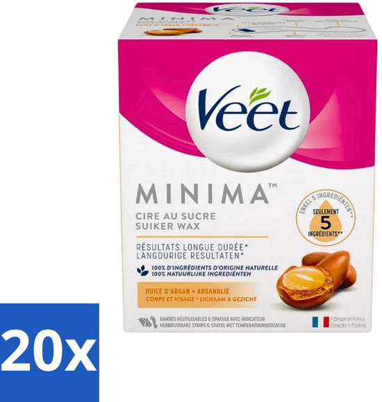 Veet Minima suikerwax met arganolie, 20 herbruikbare strips en spatel. Gemaakt in Frankrijk.