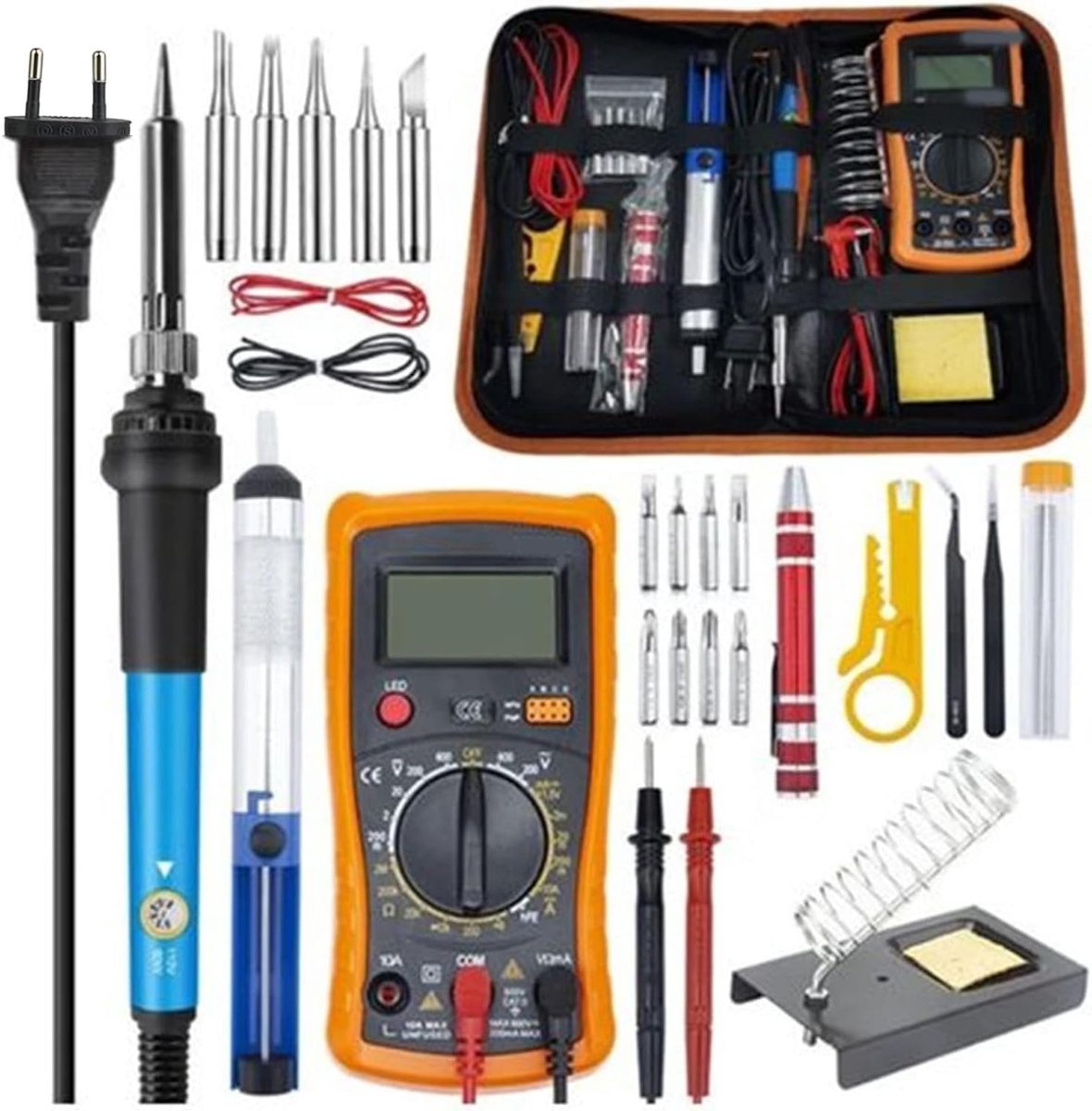 Professionele Soldeerbout Set met 60 W Instelbare Temperatuur, 25 Stukken, Multimeter, Soldeerpunt, Desoldeerpomp en Accessoires voor Elektrisch Werk en Hobbyprojecten