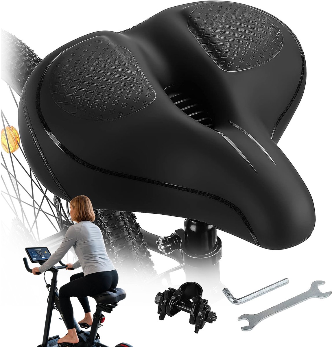 Fietszadel Traagschuim - Comfortabel Fietszadel - MTB Zadel - Universeel Fietszadel - Hol & Ademend - Waterdicht - Dubbele Veerdemping - Ergonomisch - 26x26x12,5 cm - Mountainbike & Racefiets - Voor Woon-werk & Lange Ritten