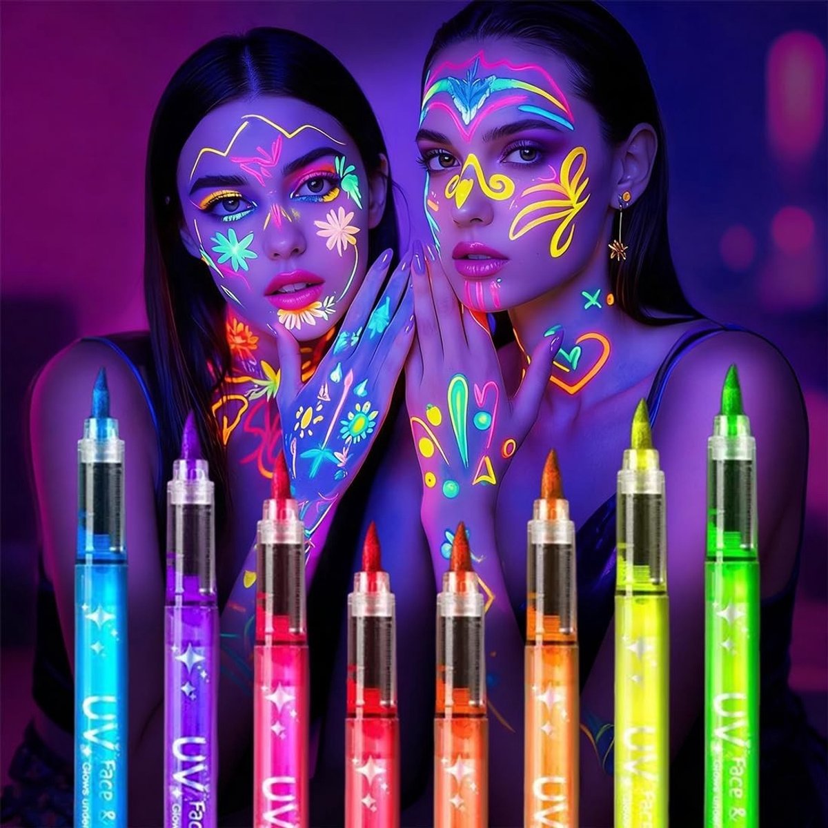8 Fluorescerende Neon Makeup Kleuren - Glow in the Dark Tattoo Stiften voor Festivals, Feesten en Bodypainting