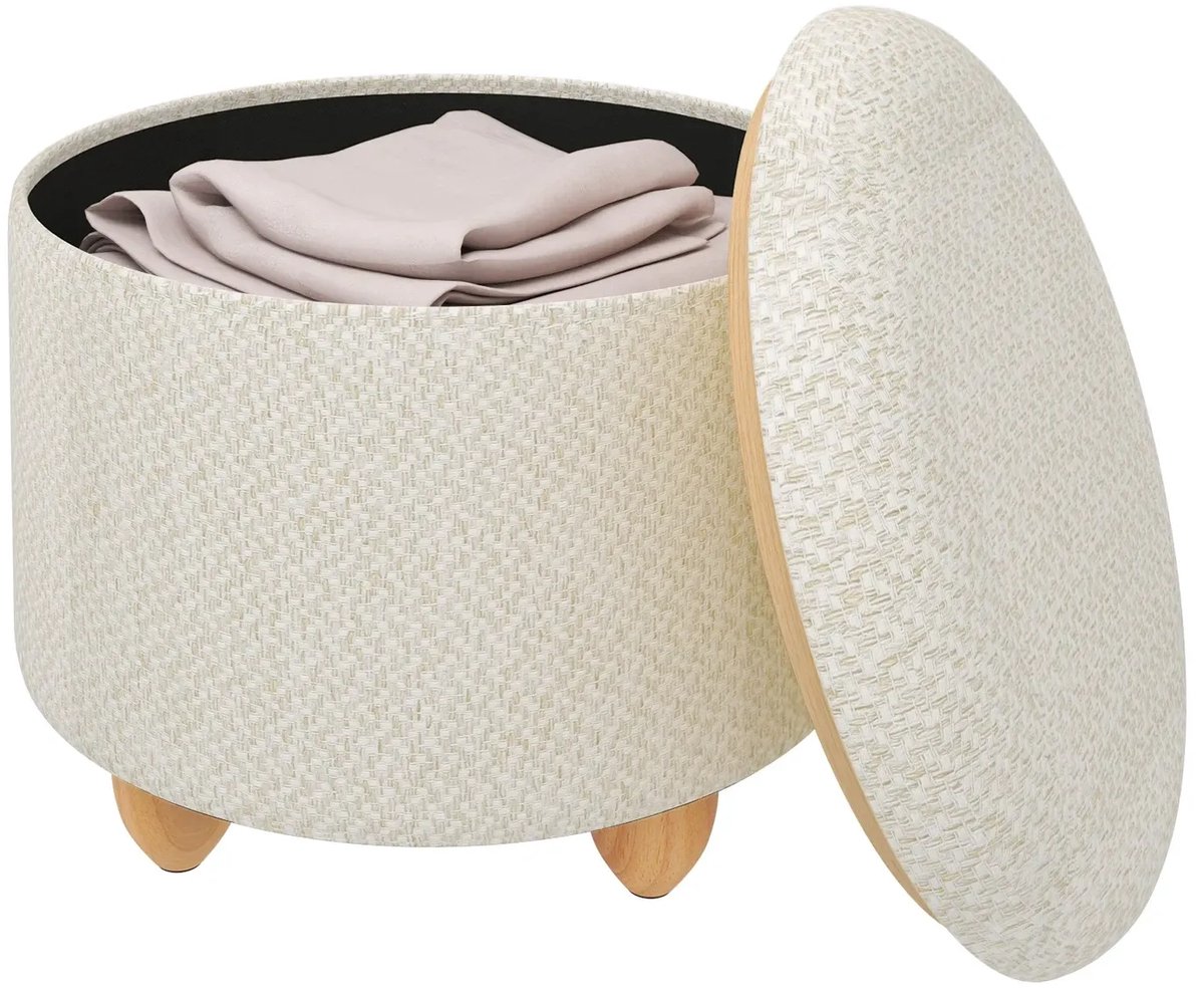 Klarven® Opbergpouf Crème wit - Afneembaar Deksel met Houten Dienblad, 21,5 Liter Opbergruimte, Grenen Poten, Draagvermogen Tot 300 kg - Ø 39 x H 33 cm