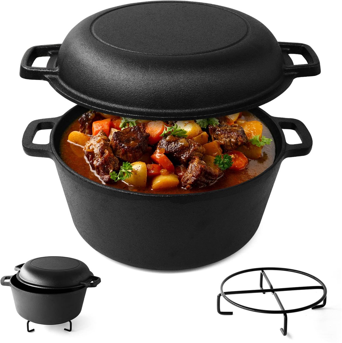 Joejis Dutch Oven 4.7L voorgekruide gietijzeren pot met 1.75L multifunctioneel deksel Geschikt voor ovens en - ShopVlot