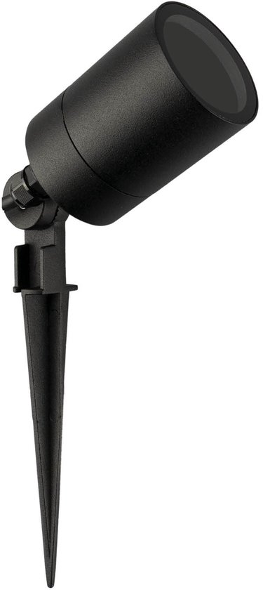 Zwarte LED grondspot met puntige voet, op witte achtergrond.