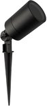 Zwarte LED grondspot met puntige voet, op witte achtergrond.