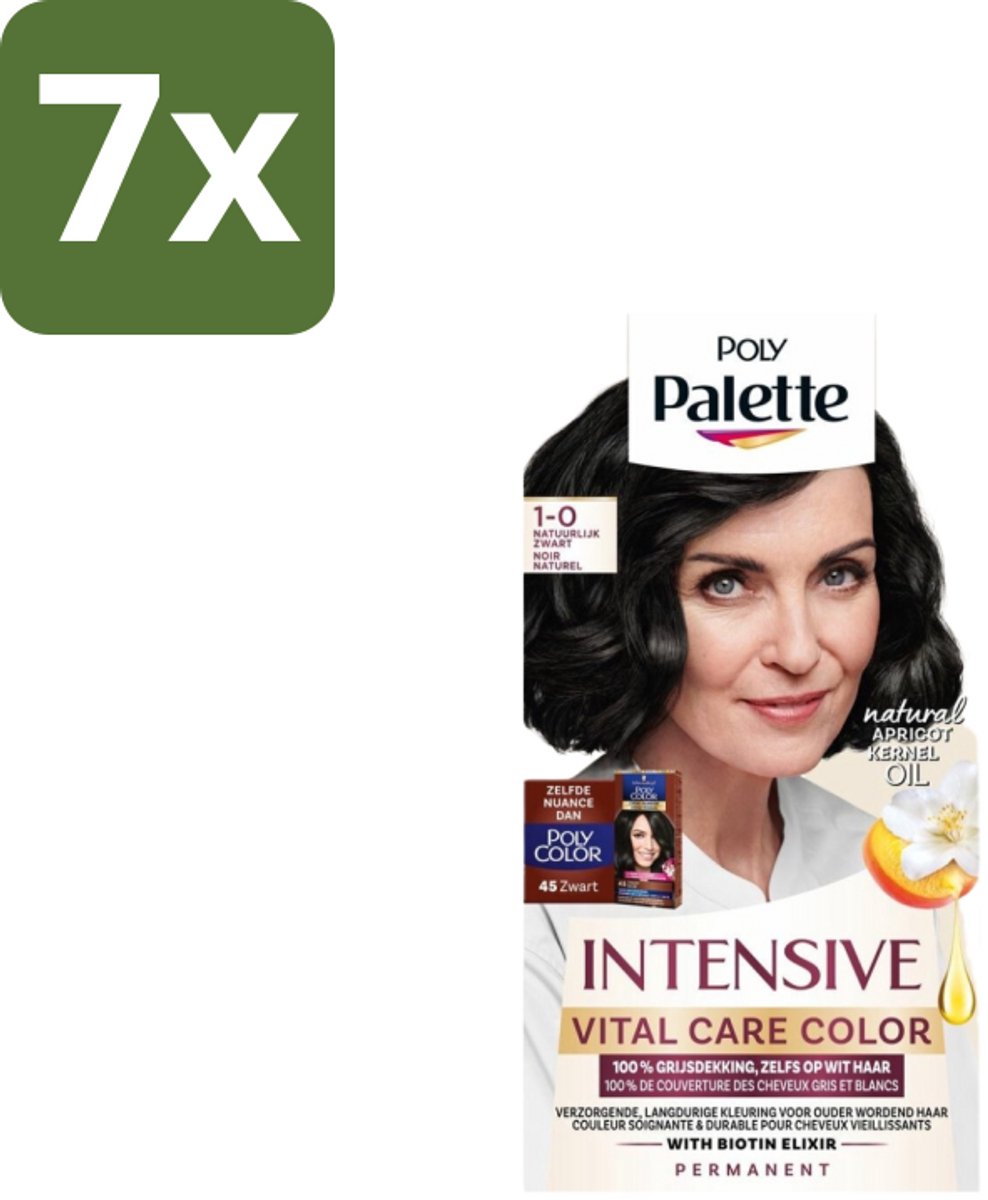7 x Poly Palette – Haarverf – 1-0 Natuurlijk Zwart – 115 ml - Haarkleur - Grijsdekking - Zwart Haar - Permanente Haarkleuring - Natuurlijke Glans