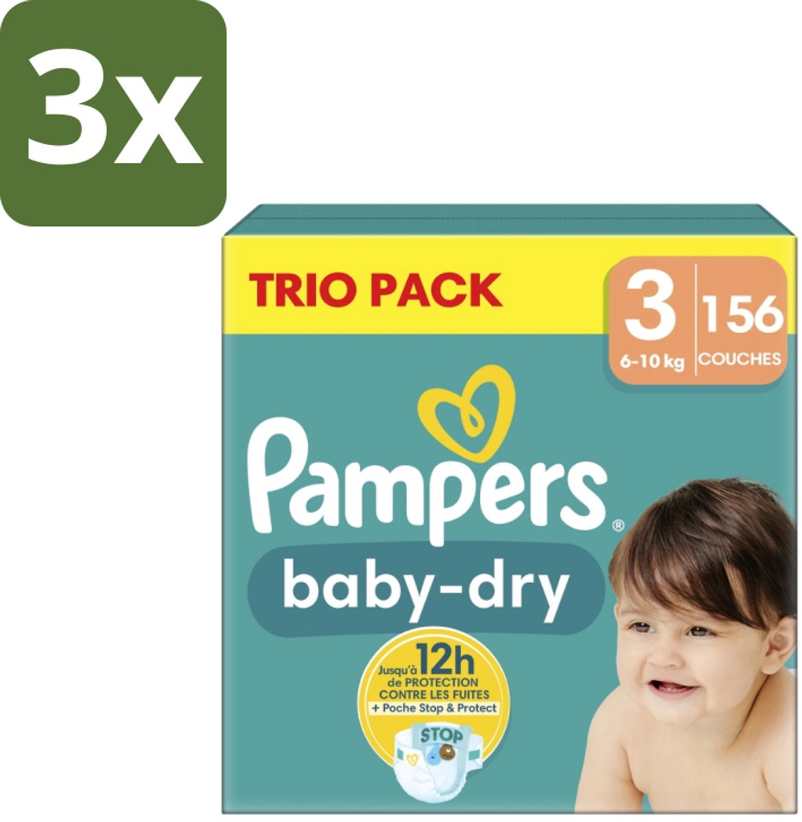 3 x Pampers – Luiers – Baby-Dry Trio Pack Maat 3 (6-10 kg) – 156 Luiers - Baby Luiers - Droge Luiers - Anti-lek Luiers - Baby Droogheid - Nachtluier