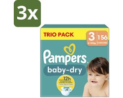 3 x Pampers – Luiers – Baby-Dry Trio Pack Maat 3 (6-10 kg) – 156 Luiers - Baby Luiers - Droge Luiers - Anti-lek Luiers - Baby Droogheid - Nachtluier
