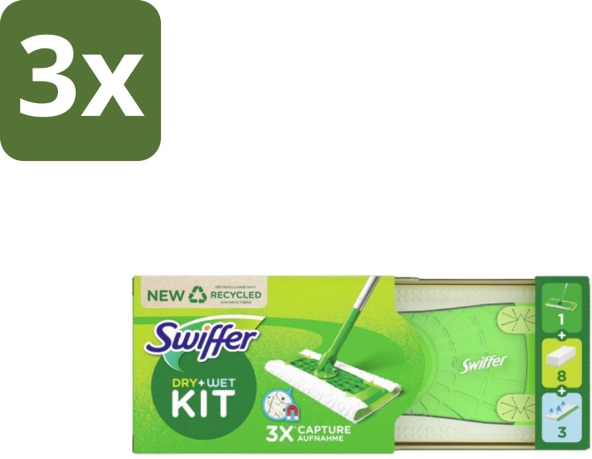 3 x Swiffer – Vloerreiniger – Starterkit – 1 dweil + 8 droge & 3 vochtige doekjes - Vloerreiniger - Schoonmaken - Stofzuiger - Droge Doek - Vochtige Doek