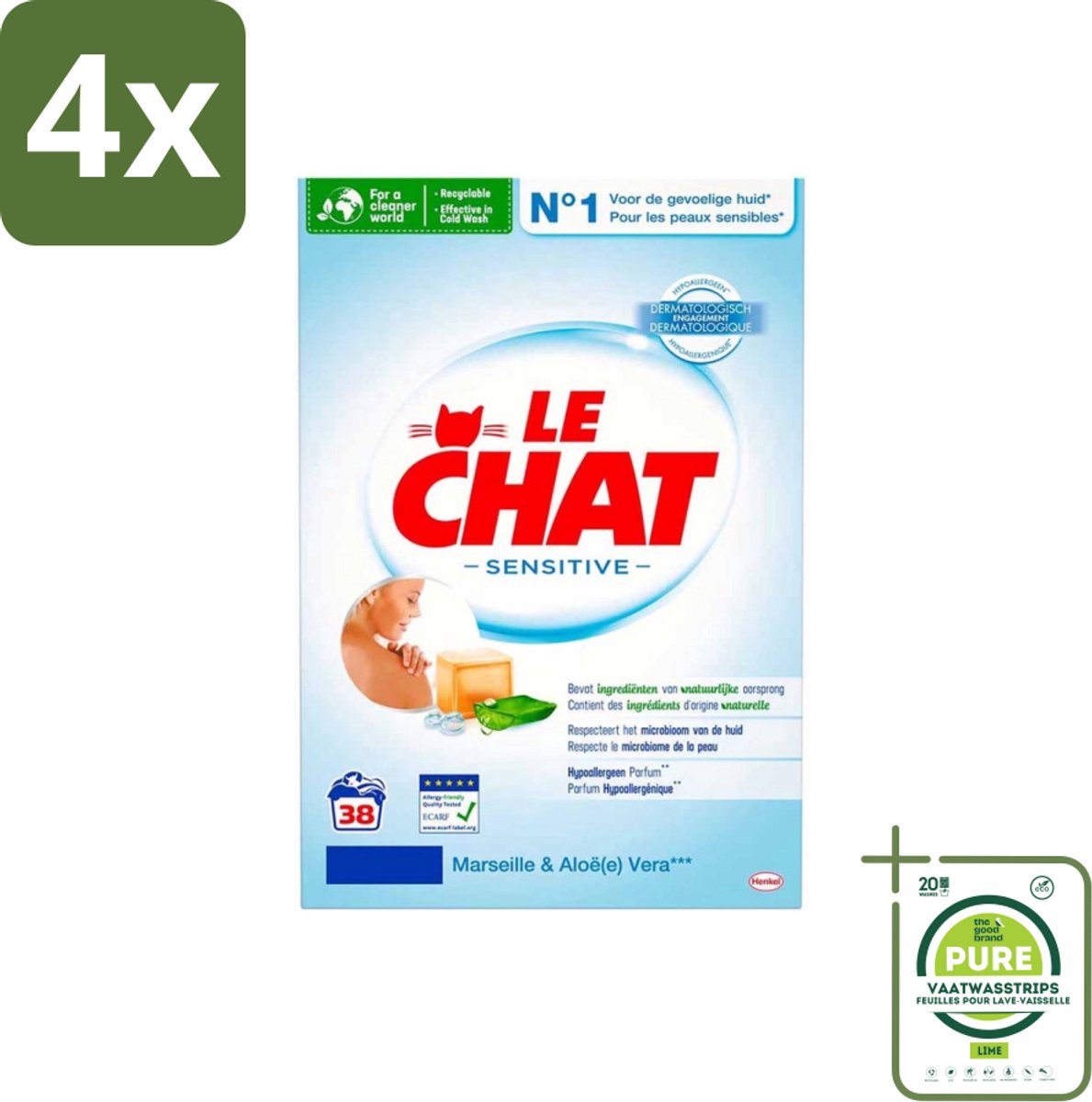 Le Chat – Waspoeder – Sensitive Marseille & Aloe Vera – 38 wasbeurten – 2,28 kg - Voordeelverpakking - 4 stuks - Waspoeder - Hypoallergisch