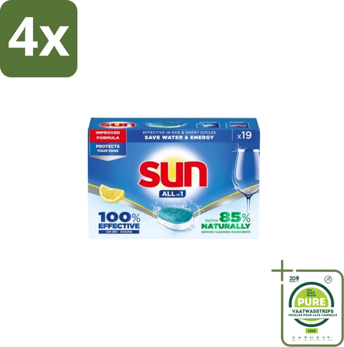 Sun – Vaatwastabletten – All-in-1 Citroen – 19 tabletten - Voordeelverpakking - 4 stuks - Vaatwastabletten citroen - Vaatwasmiddel citroen