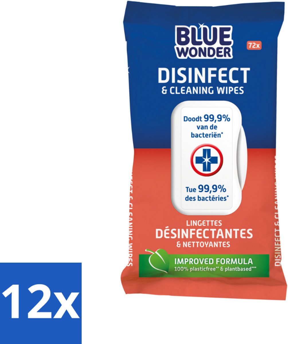 12 x Blue Wonder Desinfectie Reiniger Doekjes 72 stuks per verpakking - Reinigen - Desinfecteren - Schoonmaakdoekjes - Hygiëne - Bacteriën