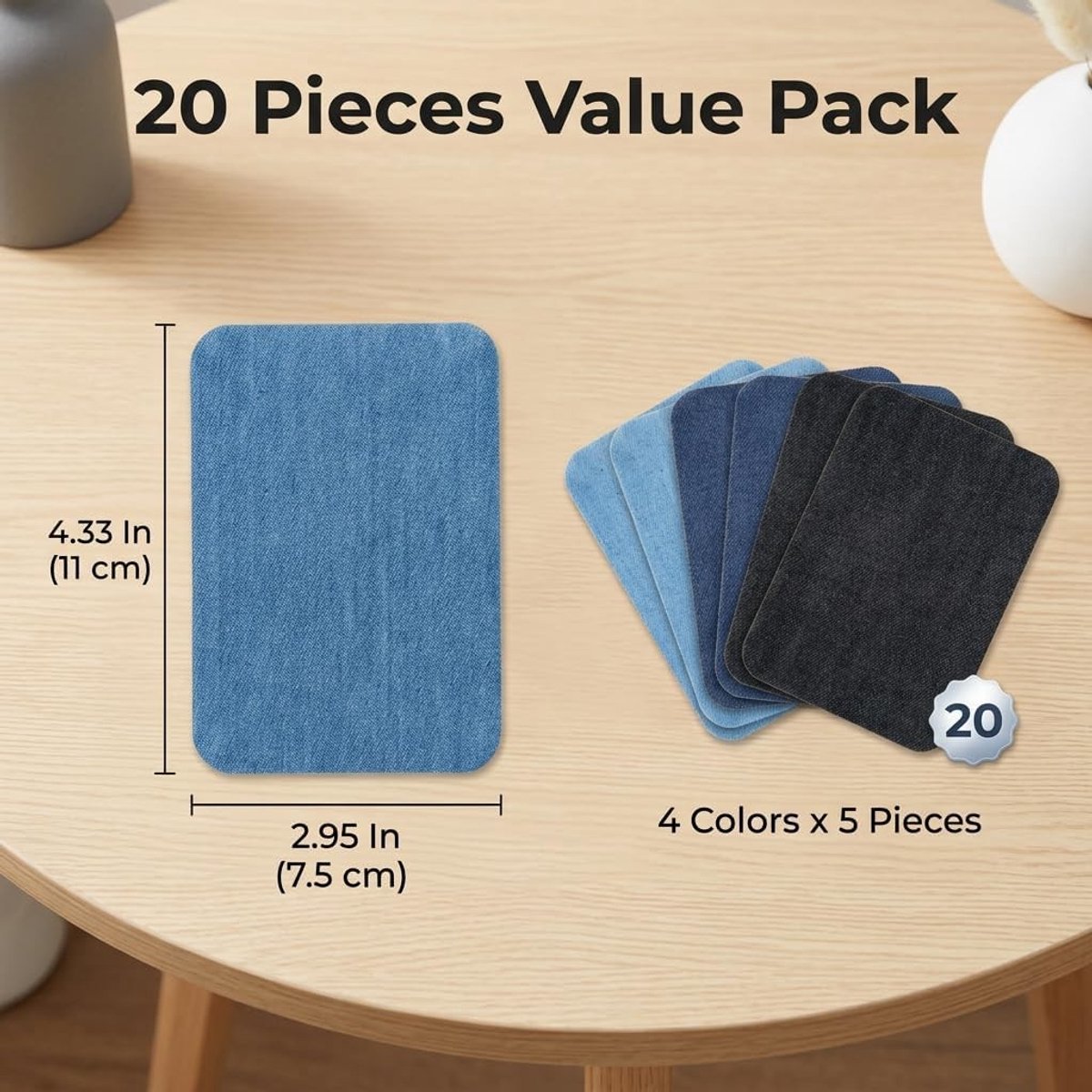 Set van 20 Strijkbare Jeans Patches voor Reparatie van Broeken, Duurzaam Denim, Textielversteviging, 3 x 11 cm, Marineblauw, Ideaal voor Herstel en Creatieve Projecten
