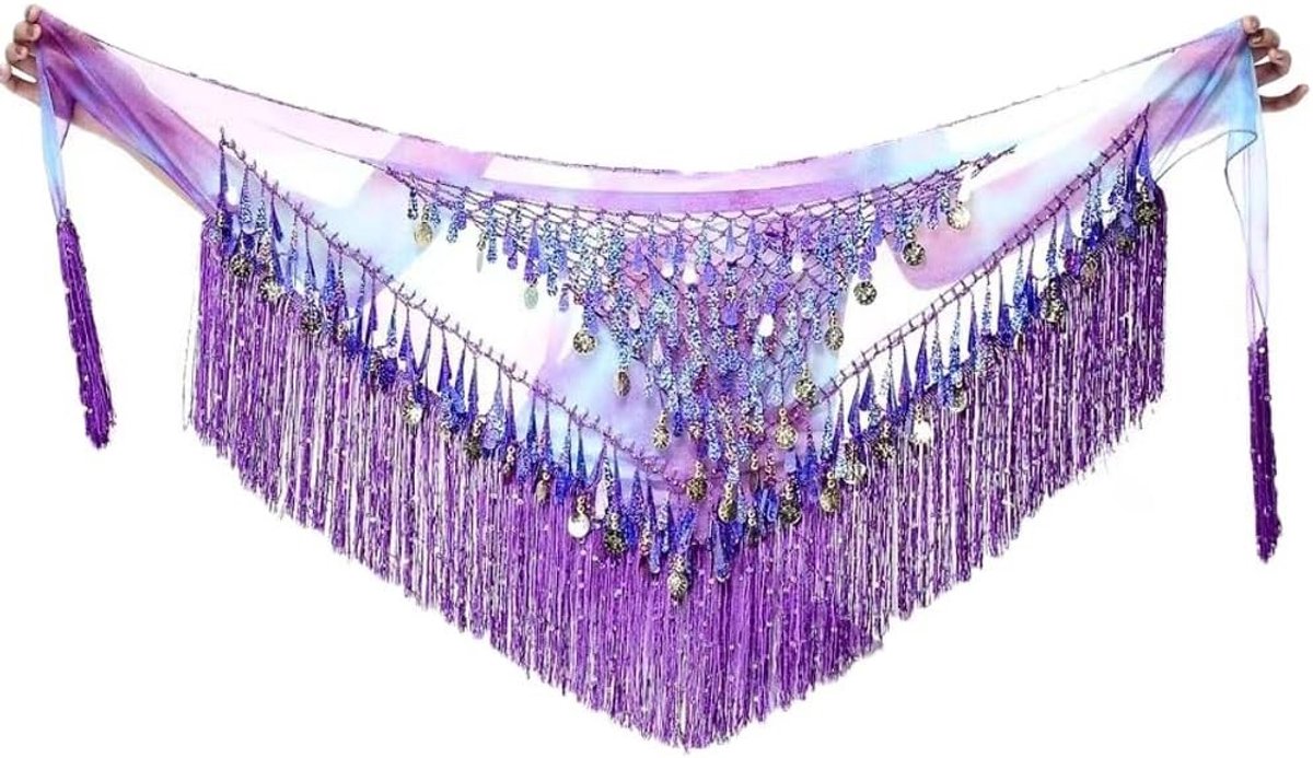 Heupdoeken voor buikdans van chiffon met pailletten en kwasten - Oosterse dansgordel voor vrouwen en meisjes, perfect voor festivaloptredens en Zumba yogalessen