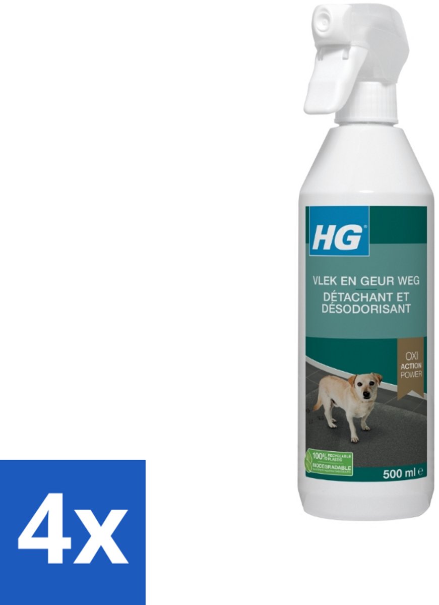 4 x HG - Vlek & Geur Weg Spray - Hond - Oxi Action Power - Hardnekkige Werking - 500 ml - Honden Vlekken - Hondengeur - Vlekkenverwijderaar - Geur Neutralisator - Tapijt Schoonmaken