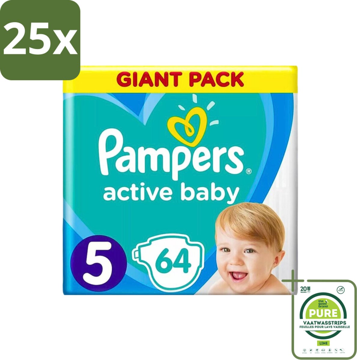 25 x Pampers - Active Baby - Luiers - Maat 5 (11-16 kg) - Zachte Pasvorm - 64 Luiers - Grootverpakking - Pampers Active Baby - Luiers Maat 5 - Babyluiers - Zachte Pasvorm - Luchtdoorlatende Luiers