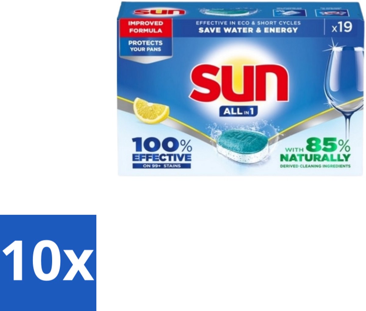10 x Sun – Vaatwastabletten – All-in-1 Citroen – 19 tabletten - Vaatwastabletten - Citroen - Reiniging - Schone Vaat - Glans
